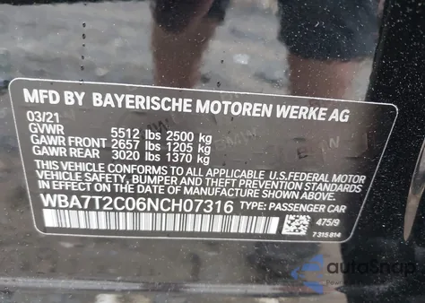 2022 BMW 740 I from USA, damaged, VIN WBA7T2C06NCH07316